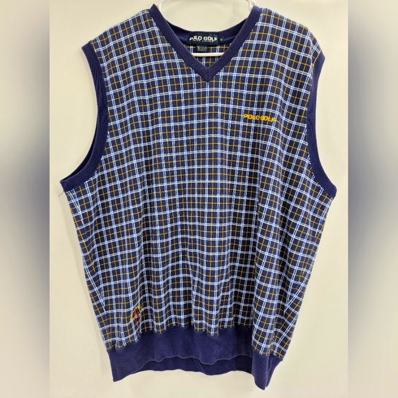 Polo Ralph Lauren Golf Y2K retro Navy Blue Check Stripe Sleeveless Vest Large - Picture 1 of 11